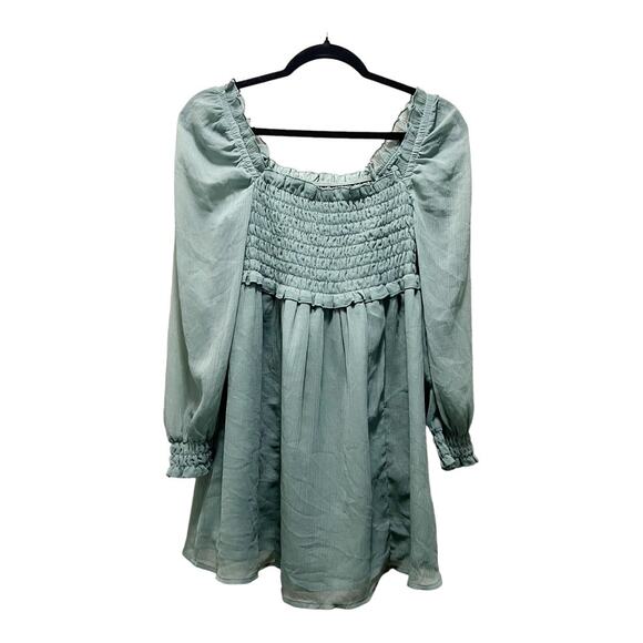 Asos Teal Shirred Skater Dress Long Sleeve Babydoll Mini Dress Smocked Size 6 - Picture 2 of 8